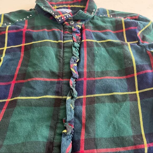 Mayoral Girls Green Tartan Plaid Ruffle Front Studded Button Up Shirt Size 8/9 - Picture 2 of 7